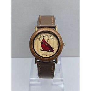 Natures Time Birdwatch Cardinal Wood Look Bezel Brown Leather Quartz New Battery